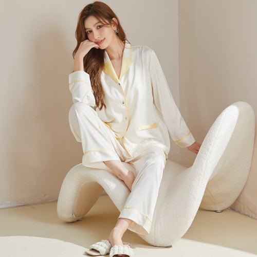 Load image into Gallery viewer, Spring Women&#39;s Imitation Silk Long-sleeved Cardigan Lapel Suit Casual Pajamas Home Clothes Solid Color Two-piece Sets
