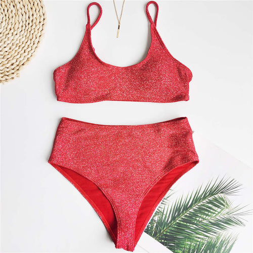 Load image into Gallery viewer, Female Swimsuit High Waist Bikini Women Swimwear Two-pieces Bikini set Glitter Sparkling Bather Bathing Suit Swim V2296
