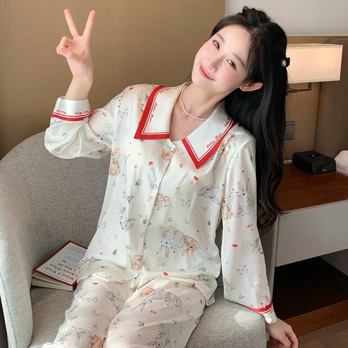 Load image into Gallery viewer, Silk Like Pajama Women&#39;s Lapel Long Sleeved Pants Sweet Cardigan Two Piece Set Spring Fashion Thin Casual Home Suit
