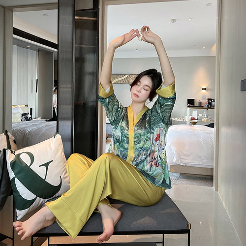 Load image into Gallery viewer, Women&#39;s Pajamas Set Luxury Orange Coconut Print Sleepwear Silk Like Homewear V Neck Nightwear Leisure Loungewear
