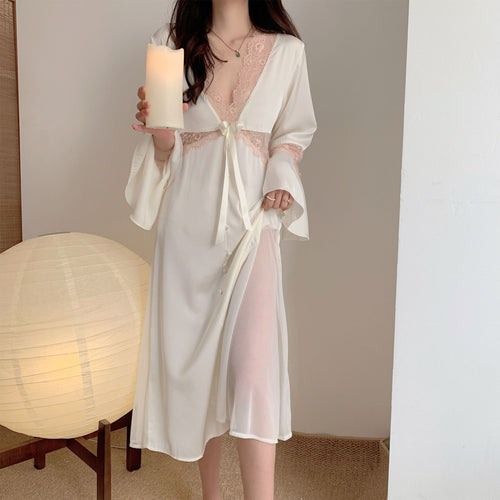 Load image into Gallery viewer, Women&#39;s Pajamas Sexy Long Dress Bell Sleeve Silk Like Homewear Deep V Skirt Sexy Lace Dress Sleepdress Nightgown Femme
