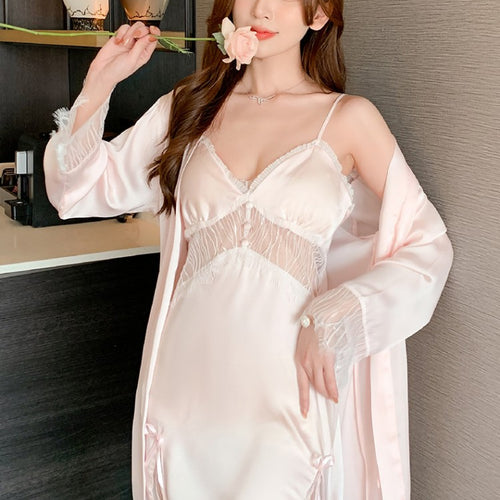 Load image into Gallery viewer, High Quality Women&#39;s Pajamas Robe Set Sexy Lace Bathrobe Deep V Sling Dress Sleepwear Homewear Nightgown Femme Petite
