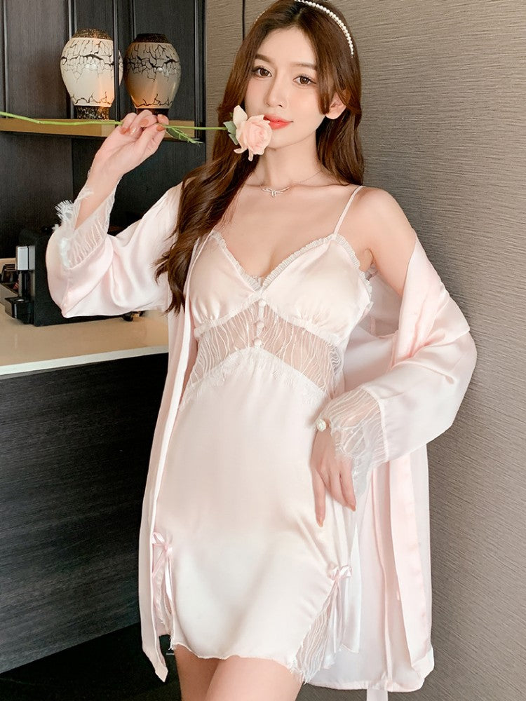 High Quality Women's Pajamas Robe Set Sexy Lace Bathrobe Deep V Sling Dress Sleepwear Homewear Nightgown Femme Petite