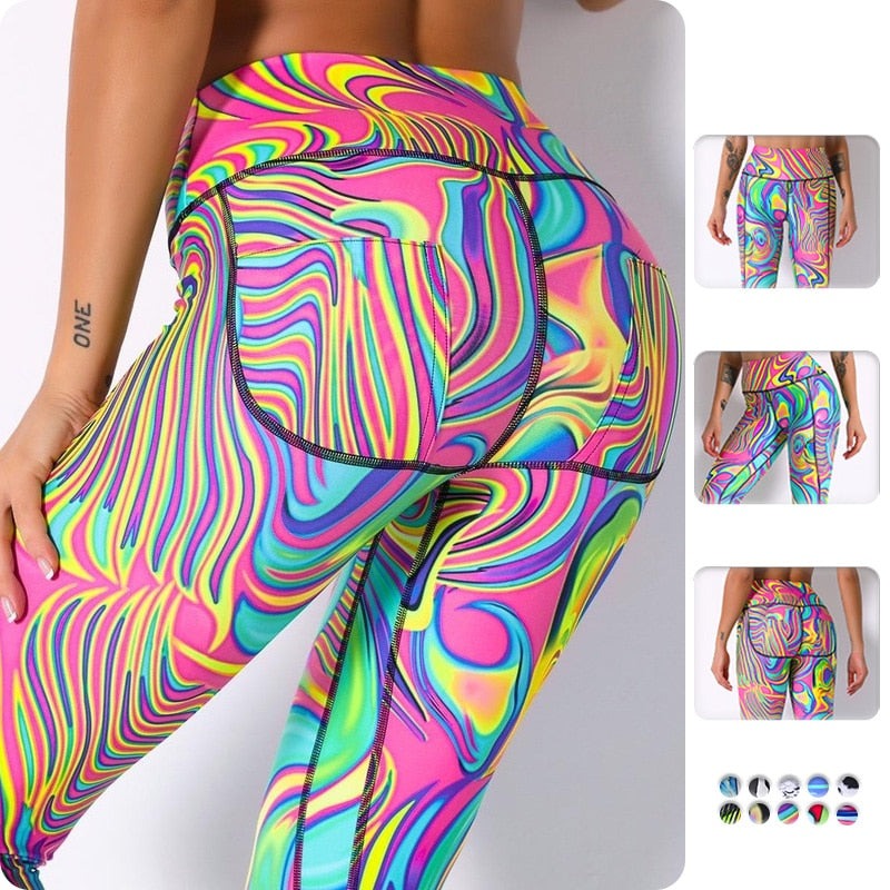 Fashion Sport Pants Women Colorful Digital Print High Waist Push Up Stretch Leggings Workout Outfit Fitness Gym Wear