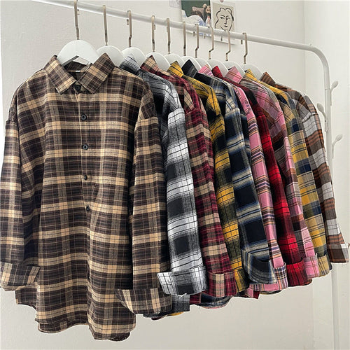 Load image into Gallery viewer, Vintage Plaid Shirts Fashion Button Up Spring Shirt Long Sleeve Turn Down Collar Tops Loose Oversize Ladies Tops
