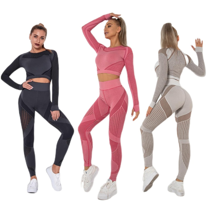 Seamless Gym Set Women Sexy Patchwork Mesh 2 Piece Yoga Set Fitness Long Sleeve Crop Top Sports Leggings Outfits Workout Clothes