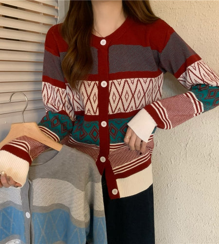 Fashion Argyle Plaid Women Cardigan Sweater Casual O Neck New 2022 Long Sleeve Knit Cardigans Red Korean Loose Fall Coats