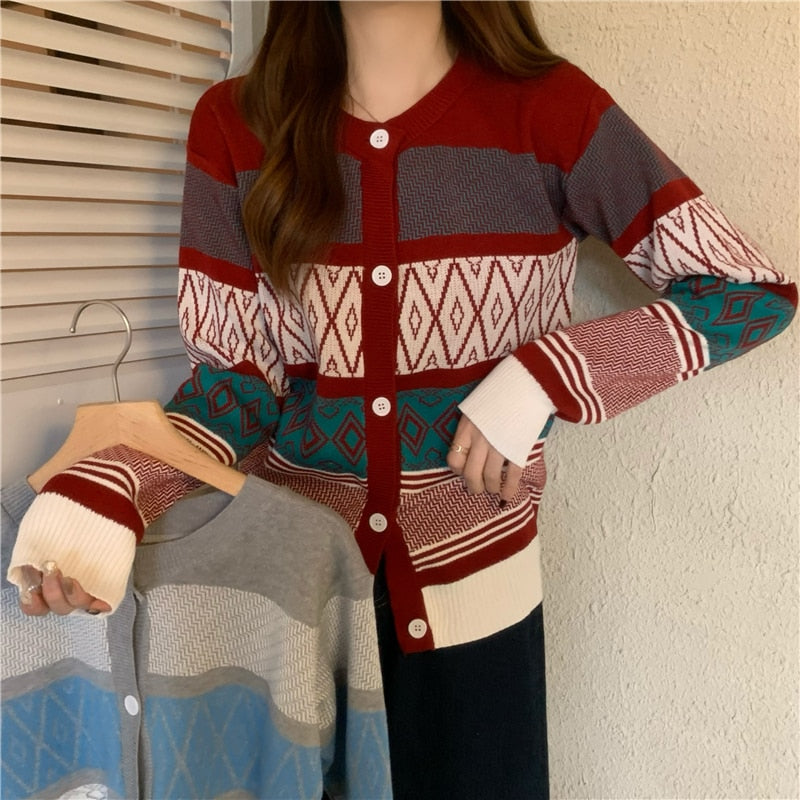 Fashion Argyle Plaid Women Cardigan Sweater Casual O Neck New 2022 Long Sleeve Knit Cardigans Red Korean Loose Fall Coats