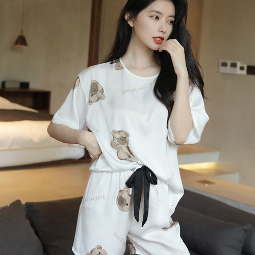 Load image into Gallery viewer, Summer Women&#39;s Pajamas Set Cute Bear Print Loose Top Sleepwear Short Casual Silk Like Homewear 2pcs Nightie Femme
