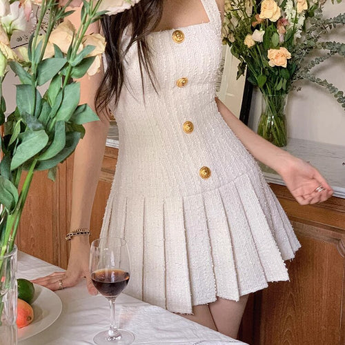 Load image into Gallery viewer, Elegant Solid Dresses For Women Halter Sleeveless Tunic Patchwork Pleated Temperament Dress Female Fashion Clothing
