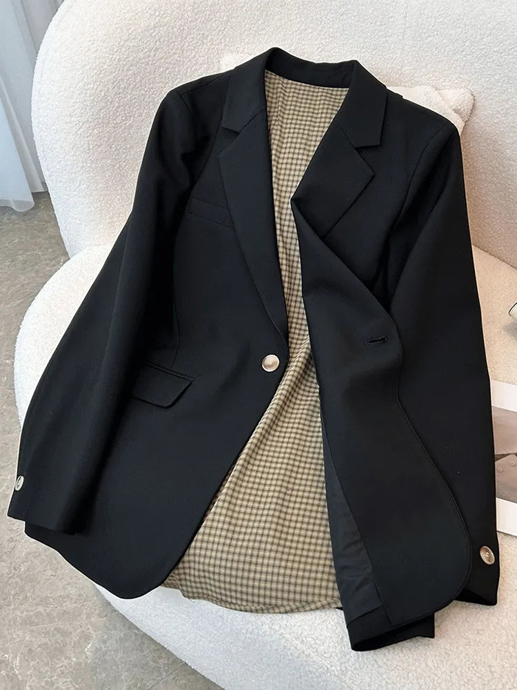 Patchwork Button Blazers For Women Notched Collar Long Sleeve Loose Casual Hit Color Blazer Female Fashion Clothing