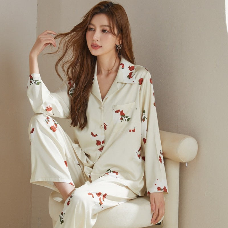 Women's Pajamas Spring Summer Ice Silk Long-sleeved Pants Two Piece Home Clothes V-neck Printing Cartoon Casual Suit