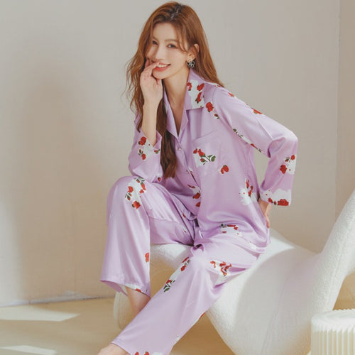Load image into Gallery viewer, Women&#39;s Pajamas Spring Summer Ice Silk Long-sleeved Pants Two Piece Home Clothes V-neck Printing Cartoon Casual Suit
