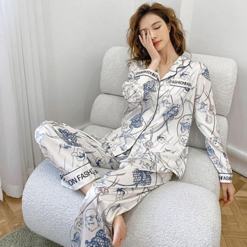 Load image into Gallery viewer, Elegant Imitation Silk Pajamas Women&#39;s Spring Autumn Long Sleeved Printing Two Piece Set Oversized Home Clothing
