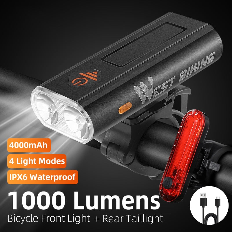 1000LM Bike Light Front Rear Lamp USB Rechargeable LED 4000mAh Bicycle Light Waterproof Headlight Bike Accessories