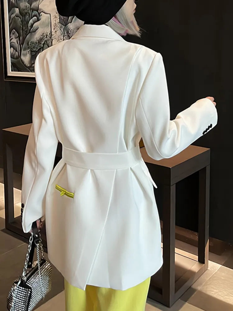 Solid Loose Blazers For Women Notched Collar Long Sleeve Patchwork Belt Split Casual Blazer Female Fashion Clothing