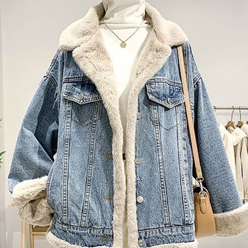Load image into Gallery viewer, Winter Thicken Denim Jacket Women Loose Casual Warm Jeans Coats Street Wear Fur Collar Long Sleeves Female Clothes

