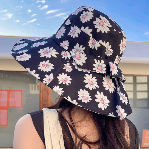 Load image into Gallery viewer, Summer Hats For Women Fashion Wide Brim Daisy Flower Print Design Sun Hat Sun Protection Travel Beach Bucket Hat
