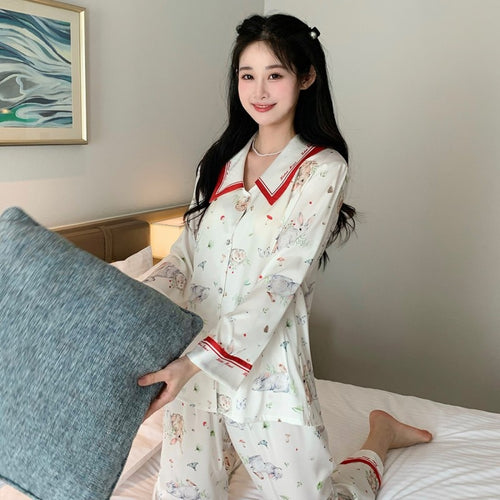 Load image into Gallery viewer, Silk Like Pajama Women&#39;s Lapel Long Sleeved Pants Sweet Cardigan Two Piece Set Spring Fashion Thin Casual Home Suit
