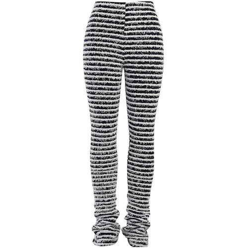 Load image into Gallery viewer, Black and White Striped Knitted Stacked Pants Women Bottoms Streetwear Extra Long High Waist Flare Pants C68-EE42
