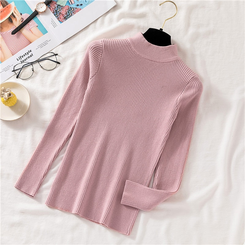 Autumn Women Pullover Sweater Half Turtleneck Long Sleeve Knitted Jumper Winter Elastic Solid Basic Ladies Blouse