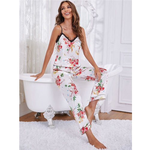 Load image into Gallery viewer, Women&#39;s Pajamas Set Floral Print Sleepwear Silk Like Casual Homewear Sling Camisole Top Pants Nightwear Femme for Summer
