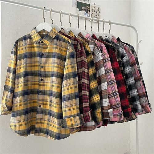 Load image into Gallery viewer, Vintage Plaid Shirts Fashion Button Up Spring Shirt Long Sleeve Turn Down Collar Tops Loose Oversize Ladies Tops
