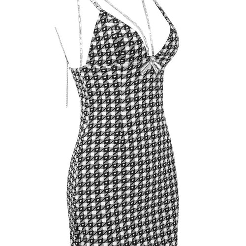 Load image into Gallery viewer, Houndstooth Spliced Chain Dresses For Women V Neck Sleeveless High Waist Backless Mini Dress Female Fashion
