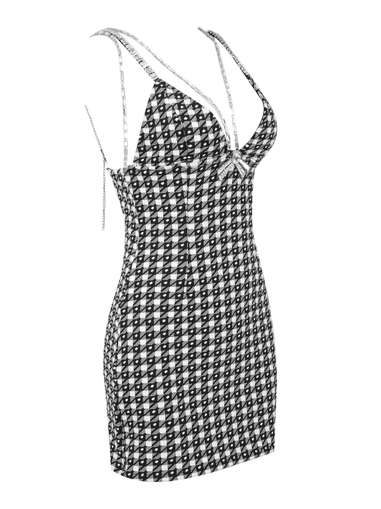 Houndstooth Spliced Chain Dresses For Women V Neck Sleeveless High Waist Backless Mini Dress Female Fashion