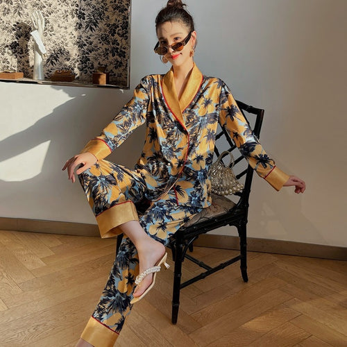 Load image into Gallery viewer, Spring Autumn Pajamas Women&#39;s Thin Silk Like Loose Lapel Long-sleeved Trousers Suit Large Korean Home Clothing Set
