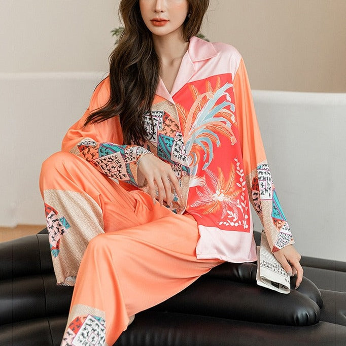 High Quality Women's Pajamas Set Plant Print Silk Like Homewear Sleepwear Elegant Nightwear Femme Leisure Home Clothes