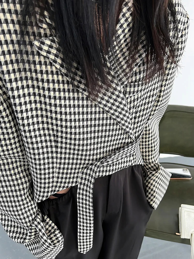 Hit Color Plaid Blazers For Women Notched Colllar Long Sleeves Patchwork Binding Loose Blazer Female Fashion