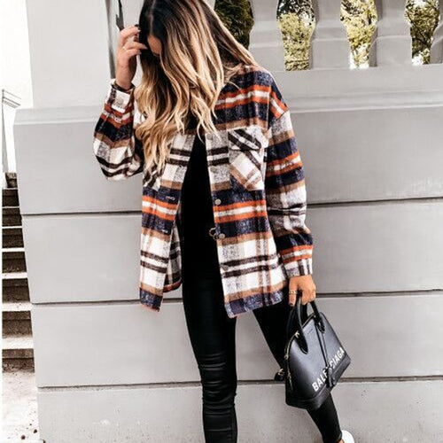 Load image into Gallery viewer, Vintage Plaid Women Blouse Winter Long Sleeve Casual Blazer Shirts Casual Loose Pocket Single Breasted Patchwork Female Top
