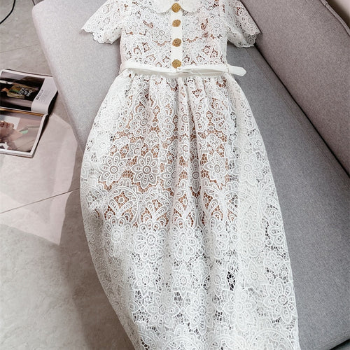 Load image into Gallery viewer, Elegant Lace Panel Cut Out Dress For Women Lapel Short Sleeve High Waist Irregular Midi Dresses Female Summer Style
