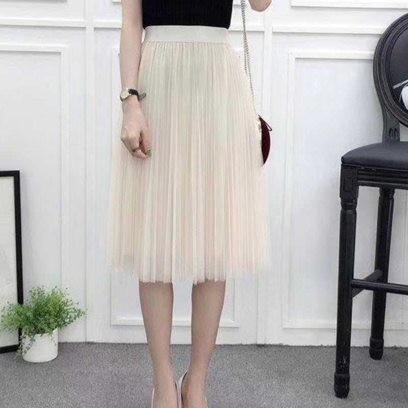 Elegant Women Tulle Skirt  Korean Fashion Mesh White A Line Ladies Pleated Skirt Summer Chic High Waist Black Party Faldas