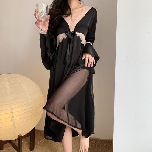 Load image into Gallery viewer, Women&#39;s Pajamas Sexy Long Dress Bell Sleeve Silk Like Homewear Deep V Skirt Sexy Lace Dress Sleepdress Nightgown Femme
