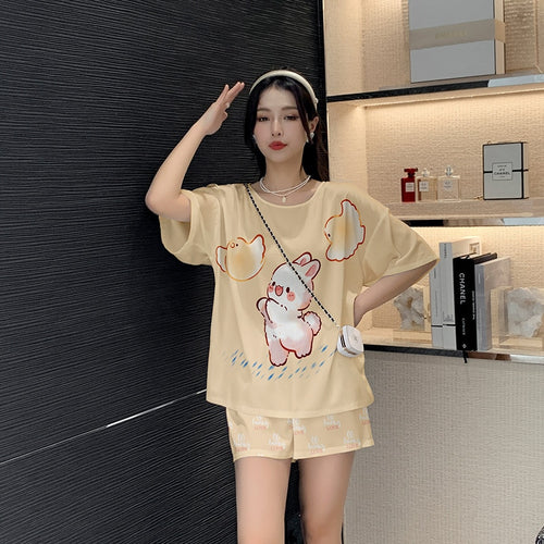 Load image into Gallery viewer, Women&#39;s Silk like Pajamas Cute Short Sleeve Shorts Two Piece Set Round Neck Summer Outwear Casual Home Clothing
