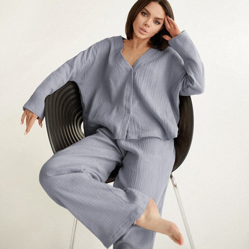 Load image into Gallery viewer, V-neck Long-sleeved Pajamas Women&#39;s Cotton Linen Home Suit Fashion Loose Shirt High Waist Wide Leg Pants Two-piece Set
