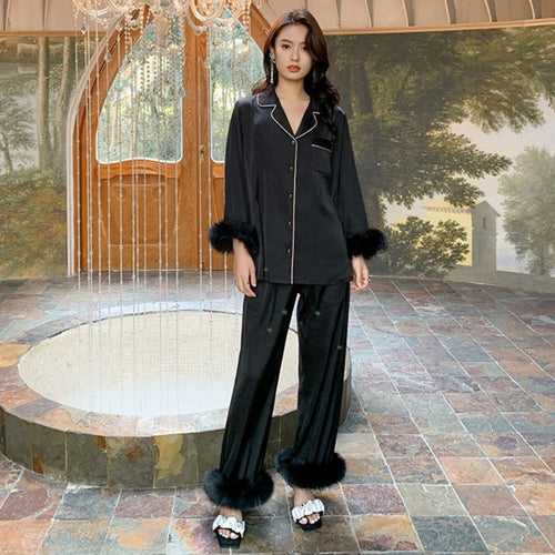 Load image into Gallery viewer, Luxury Pajamas Women&#39;s Spring Summer Feather Splicing Satin Chiffon Home Clothes Female Casual Long Sleeve Sleepwear Set
