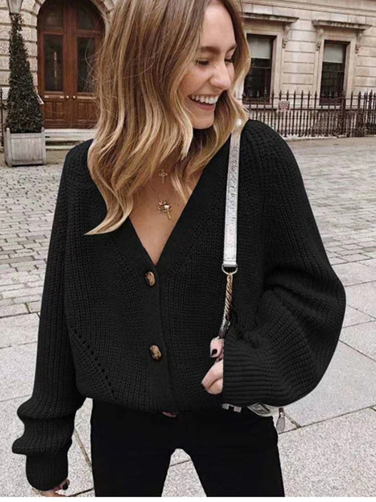 Women Knitted Cardigans Sweater Fashion Autumn Long Sleeve Loose Coat Casual Button Thick V Neck Solid Female Tops