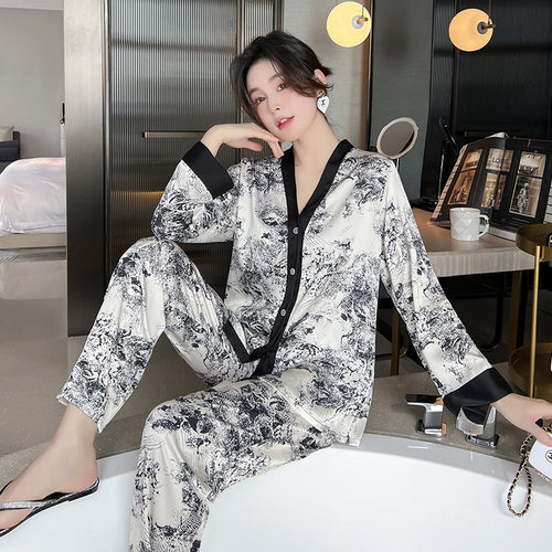 Load image into Gallery viewer, Women&#39;s Pajamas Set Luxury Orange Coconut Print Sleepwear Silk Like Homewear V Neck Nightwear Leisure Loungewear
