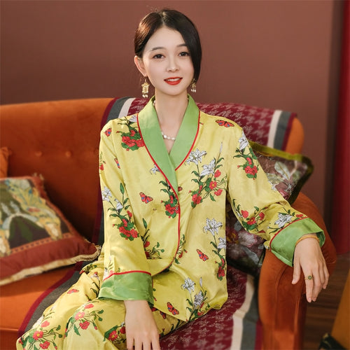 Load image into Gallery viewer, Luxury Homewear Women Imitation Silk Pajamas Satin Nightwear Fashion Flower Printed Long Sleeve Pants Home Clothing Set
