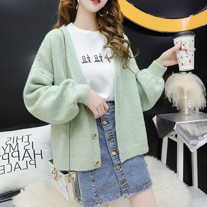Fashion Women Cardigan Sweater Casual V Neck Loose Button Up Knitted Solid Coat Fall Long Sleeve Korean Winter Female Top