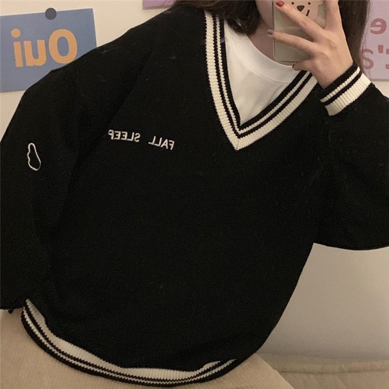 Thick Women Sweatshirt Winter Fashion V Neck Embroidery Letter Pullover All Match Loose Long Sleeve Warm Black Tops