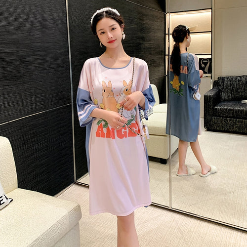 Load image into Gallery viewer, Satin Nightwear Women Short Sleeve Silk Sleeping Dress Casual Sweet Girl Loose Nightdress Summer Mid Length Pajama Skirt
