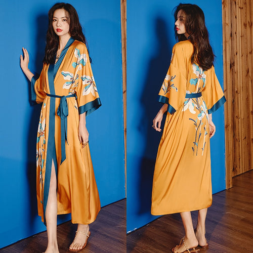 Load image into Gallery viewer, High Quality Women&#39;s Pajamas Long Robe Floral Sleepwear Silk Like Sexy Bathrobe Homewear Luxury Nightwear peignoir femme
