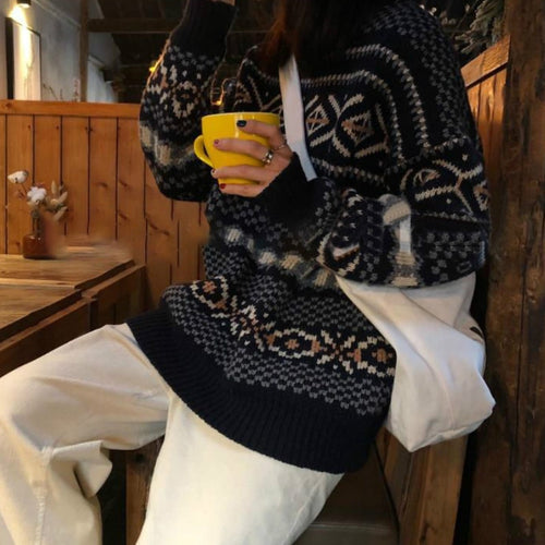 Load image into Gallery viewer, Sweaters Women Jacquard Knitted Casual Lady Pullover Sweater Female Autumn Winter Retro Loose All-match Harajuku Jumper

