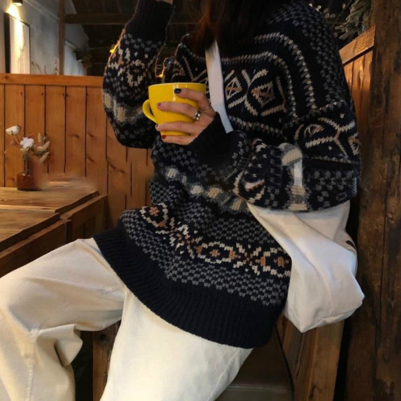 Sweaters Women Jacquard Knitted Casual Lady Pullover Sweater Female Autumn Winter Retro Loose All-match Harajuku Jumper