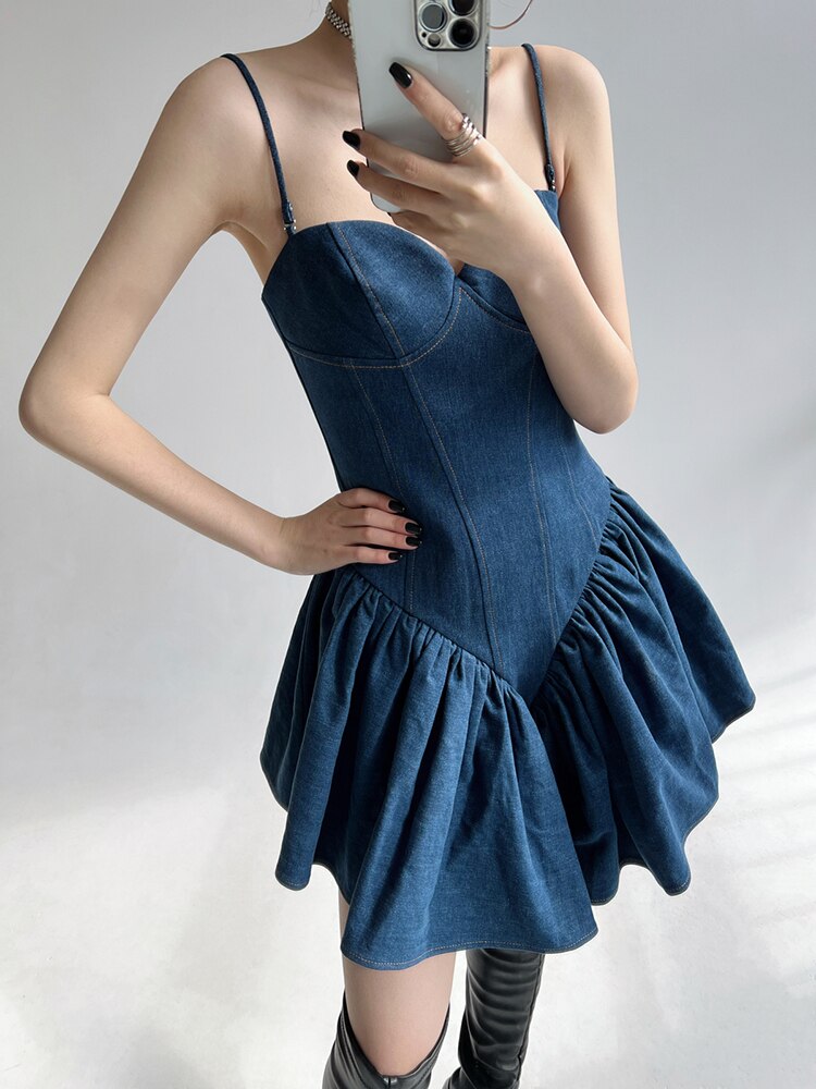 Loose Denim Dresses For Women Square Collar Sleeveless High Waist Folds Elegant Solid Dress Female Fashion Clothing