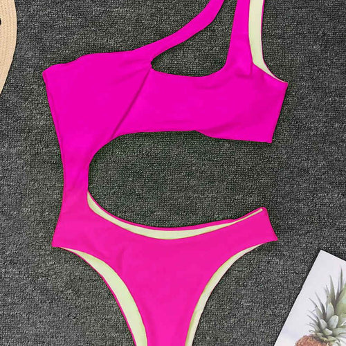 Load image into Gallery viewer, Neon Green Pink Sexy One Shoulder One Piece Swimsuit Women Swimwear Female Bather Bathing Suit Swim Monokini Lady V845G
